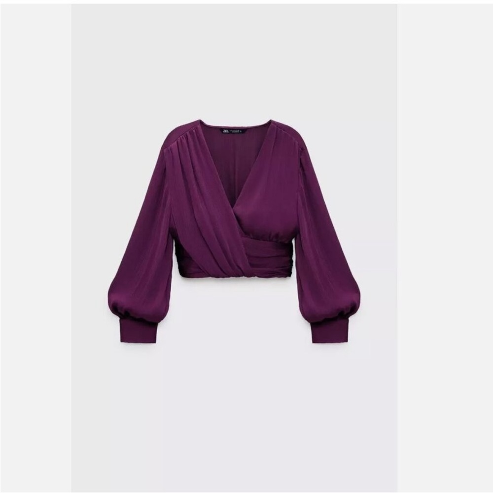 Zara Plum Purple Wrap Crop Top Long Sleeve Ruched V Neck Blouse eggplant S